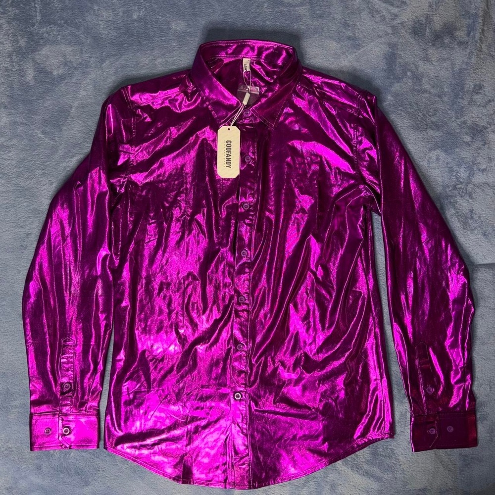 Purple metallic button-up shirt with shiny reflective finish
